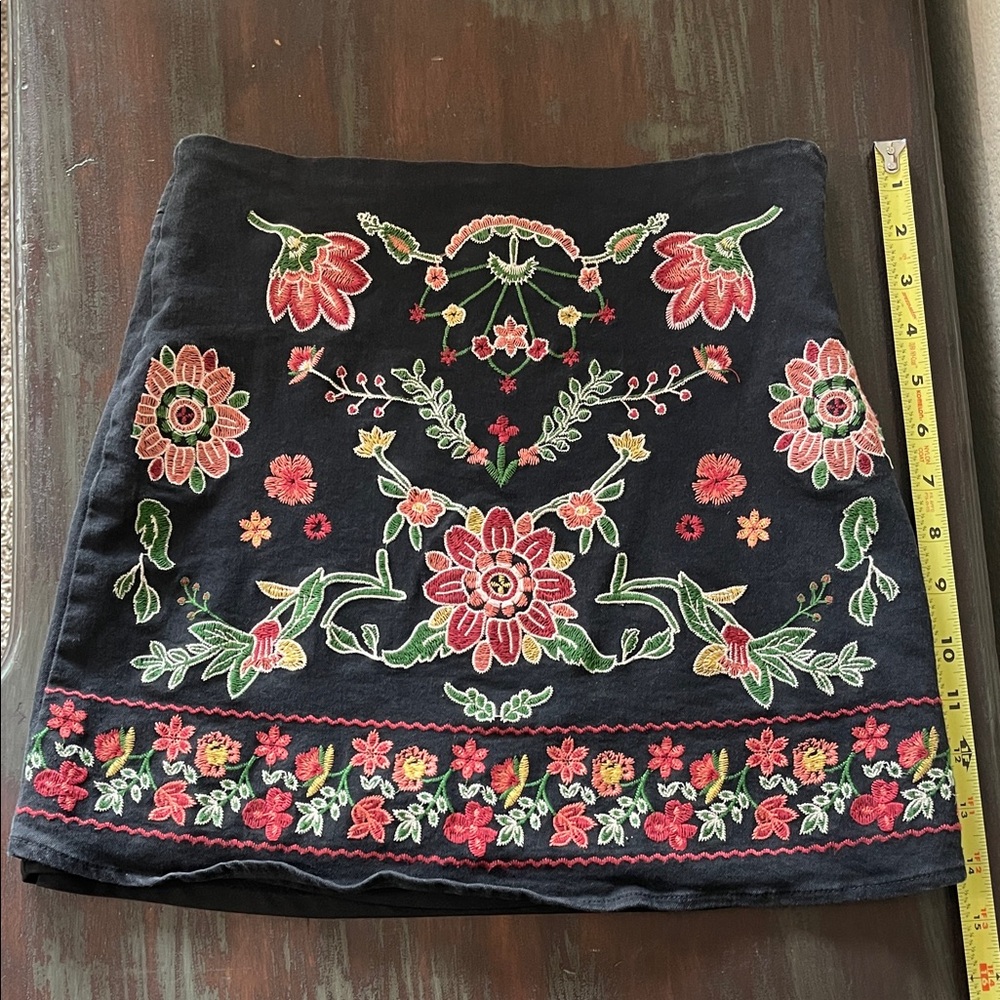 Mi Ami Embroidered Floral A-Line Skirt - Black with Pink & Green Accents